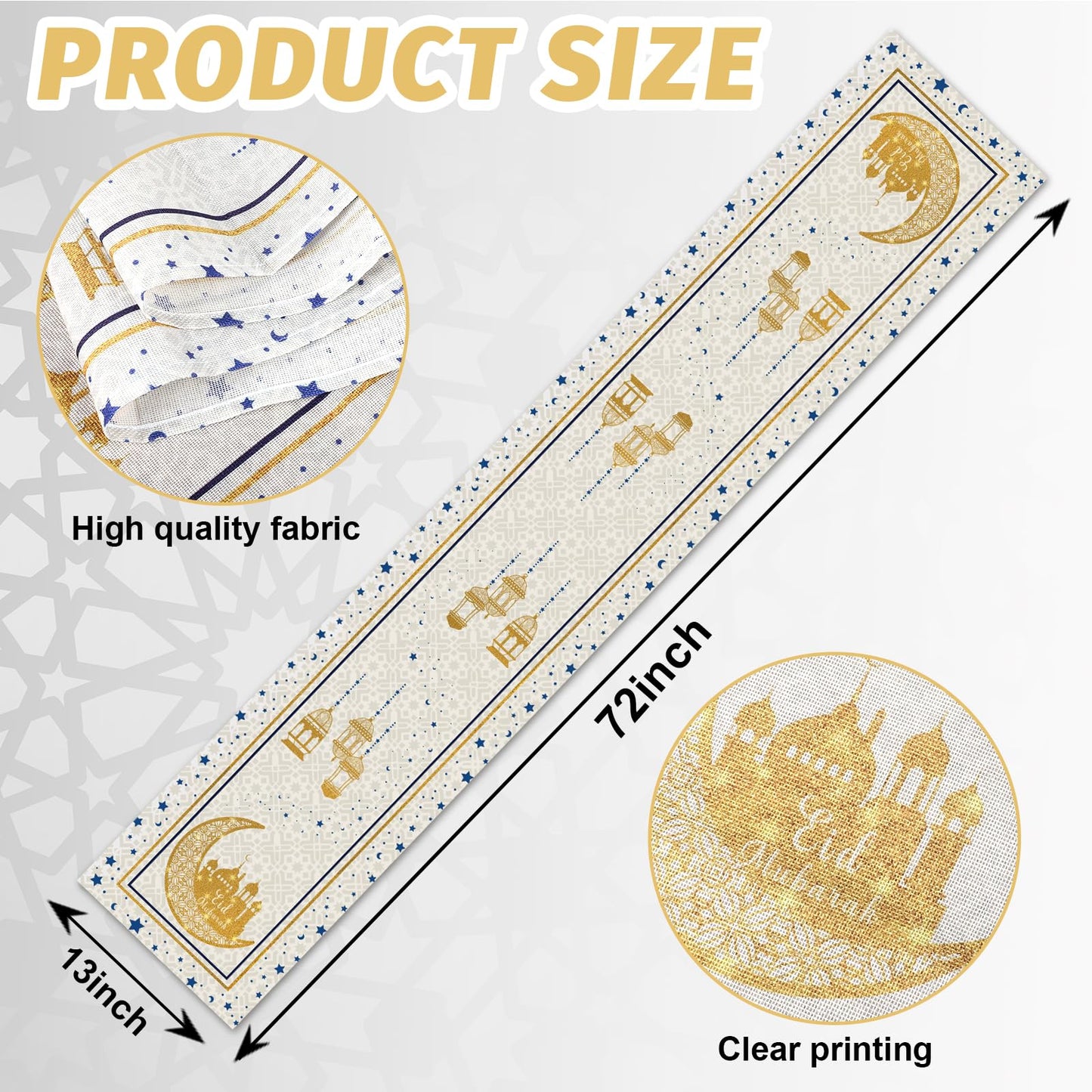 Eid Mubarak Table Runner Decoration, Ramadan Mosque Gold Moon Stars Islamic Happy Holiday for Dining Party Table Decorations Home,13x72 Inches (Beige)