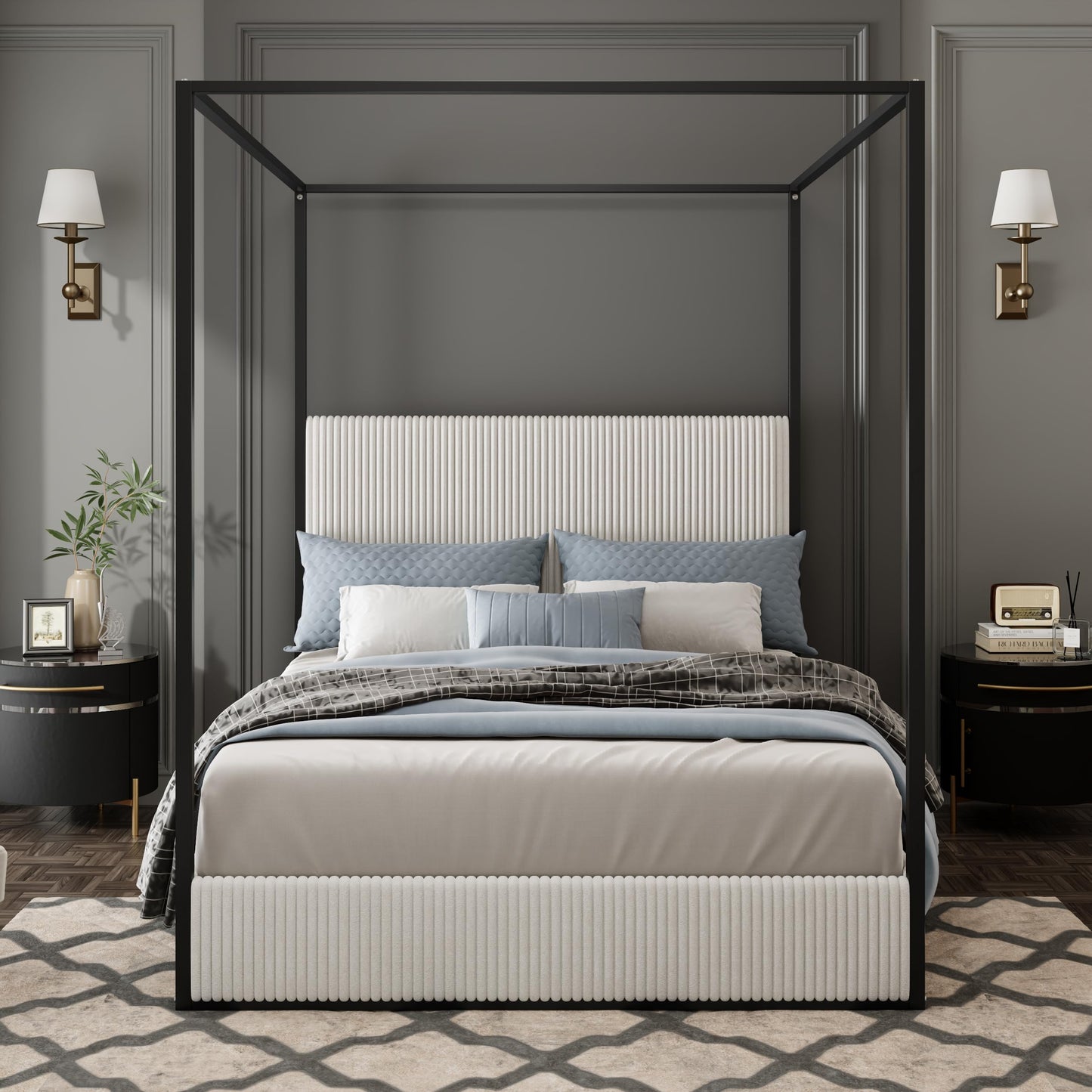 Merax Modern Luxury Queen Metal Canopy Bed with Tall Upholstered Headboard, Gold Four Poster Bed, No Box Spring Needed, White