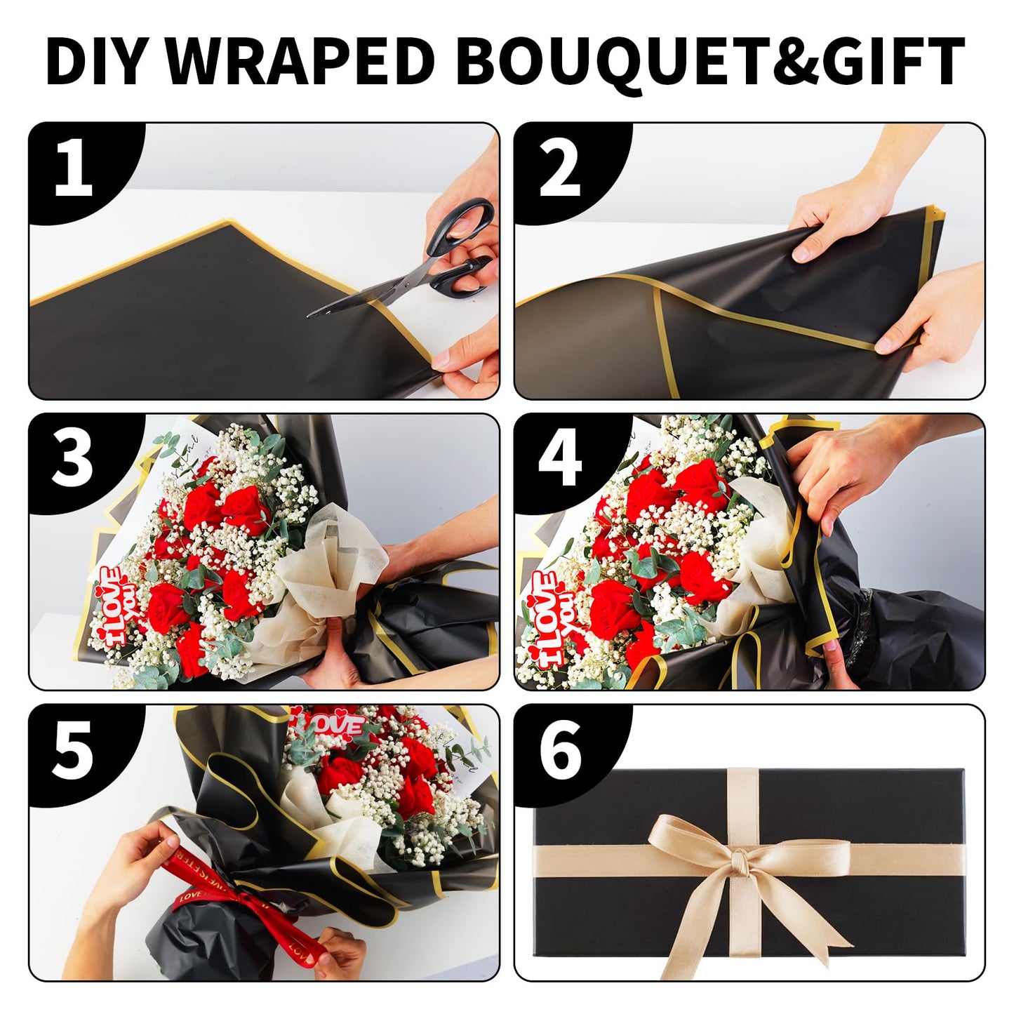 Duyasurs 20 Sheets Floral Wrapping Paper, Waterproof Bouquet Wrapping, 22.8x22.8IN, Florist Supplies Packaging Paper, DIY Gift Box, Wedding & Birthday Gifts, Gold Edge (Black)