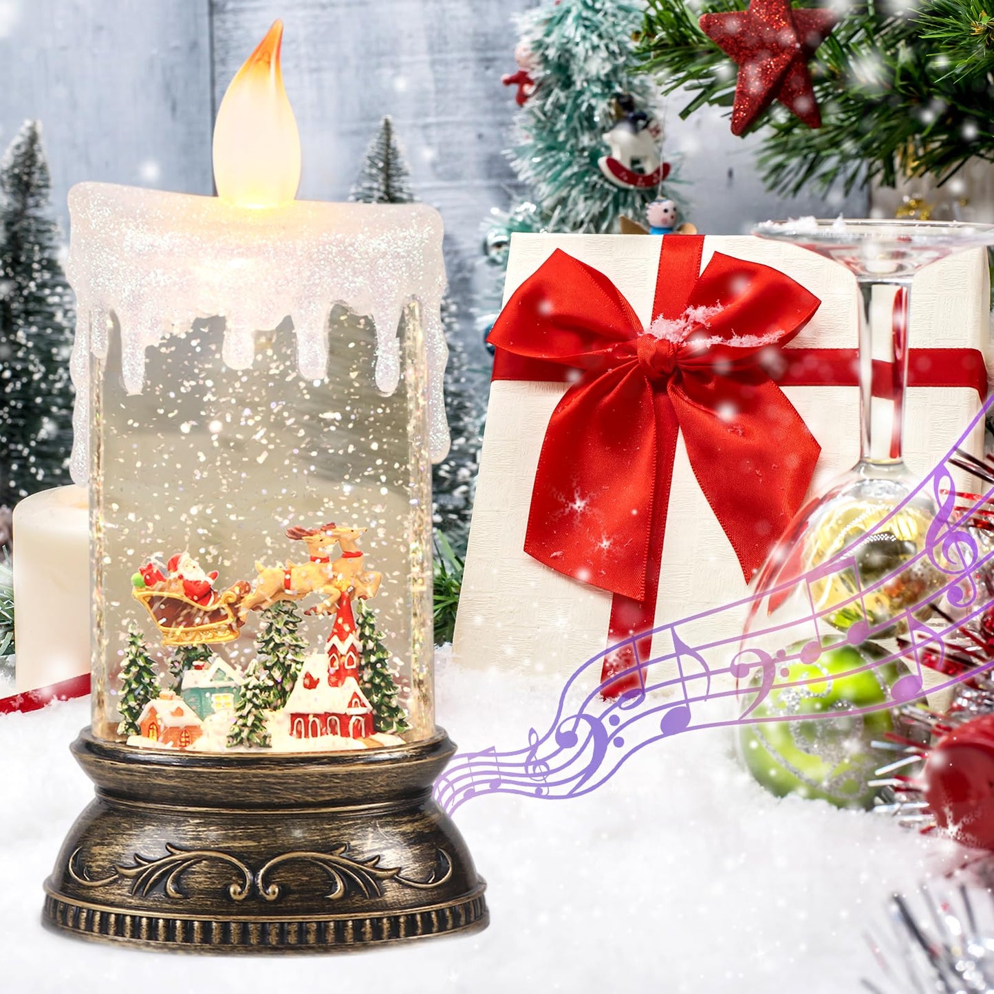 Wondise Rechargeable Musical Santa Claus Snow Globe Lantern with 6H Timer, Battery Operated USB Powered Lighted Singing Snow Globe Lamp Spinning Water Swirling Glitters Holiday Decor
