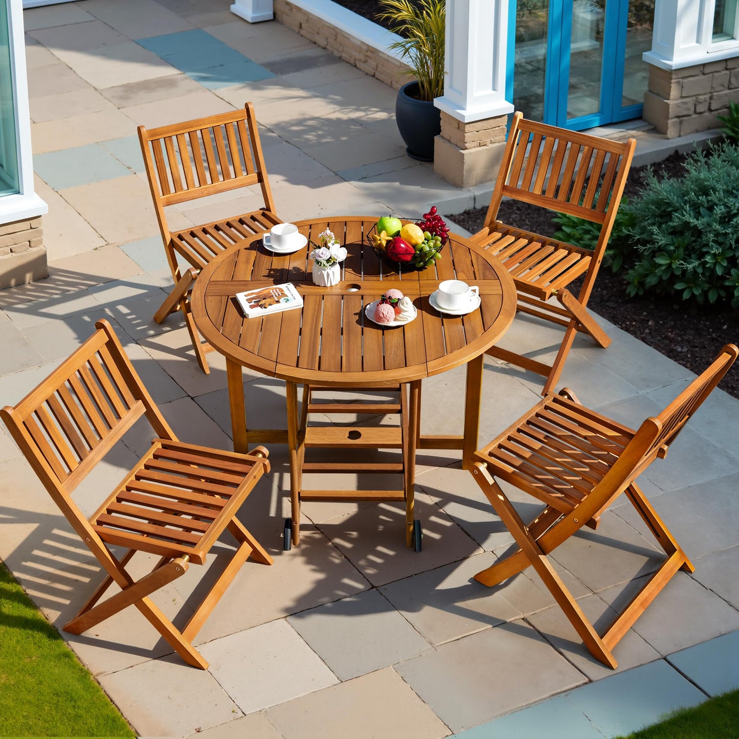 Greesum 5 Piece Patio Dining Set Outdoor Acacia Wood Furniture All-Weather Folding Round Table and Chairs for Backyard, Balcony, Porch, Deck, Garden, Light Brown