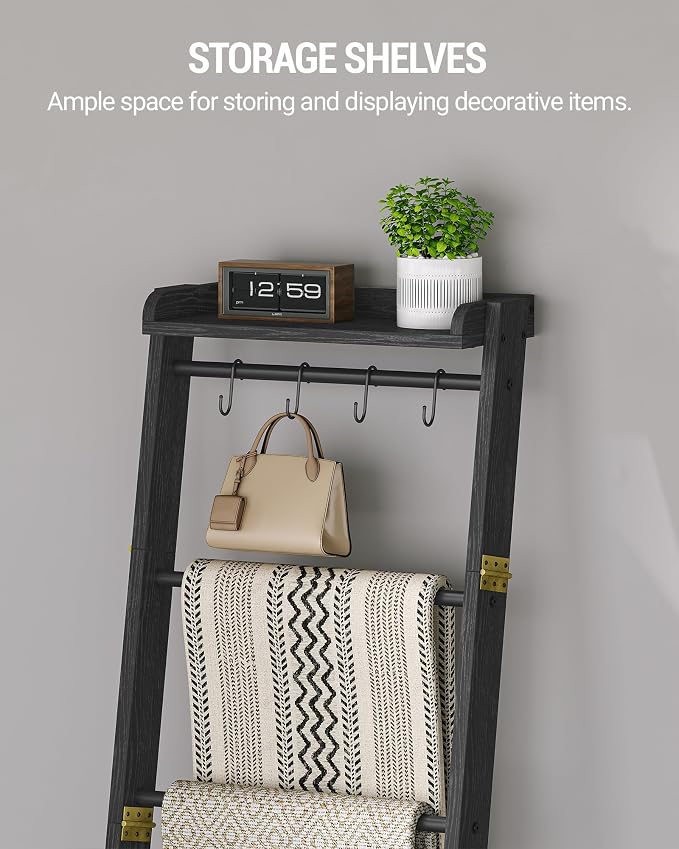 Hzuaneri Blanket Ladder Shelf, Decorative Quilt Rack, 7-Tier Farmhouse Ladder Holder Organizer with 4 Removable Hooks 7.9" D x 17.3" W x 66.9" H, Black BR36804B