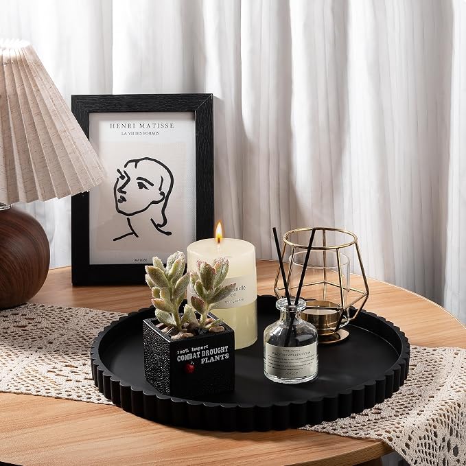 Round Bathroom Tray Silicone Kitchen Counter Decor Vanity Organizer Decorative Coffee Table Tray for Perfume, Candle, Soap Dish, 12 Inch, Black