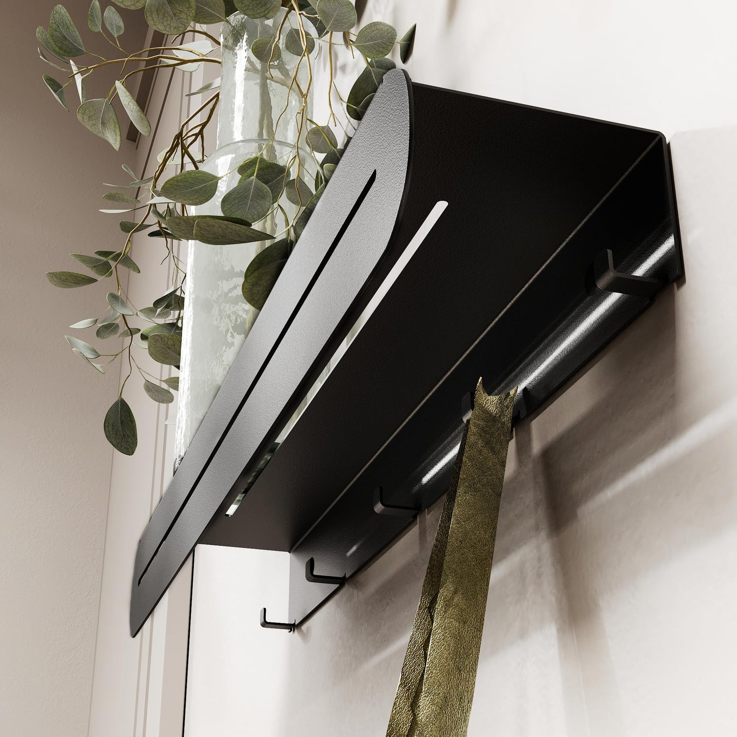 Hidden Coat Rack Wall Mount with Floating Shelf and Metal Hooks for Hanging Clothes or Towels, Modern Heavy Duty Black Decorative Wall Hanger for Entryway, Bathroom, Kitchen