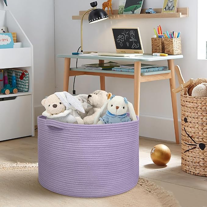 MEGASKET Purple Rope Storage Basket, 22" X 14" Large Woven Baskets, Jumbo Floor Bin for Throw Blankets Pillows, Baby Laundry Basket, Dirty Clothes Organizer, Big Storage Bin for Toys, Towels