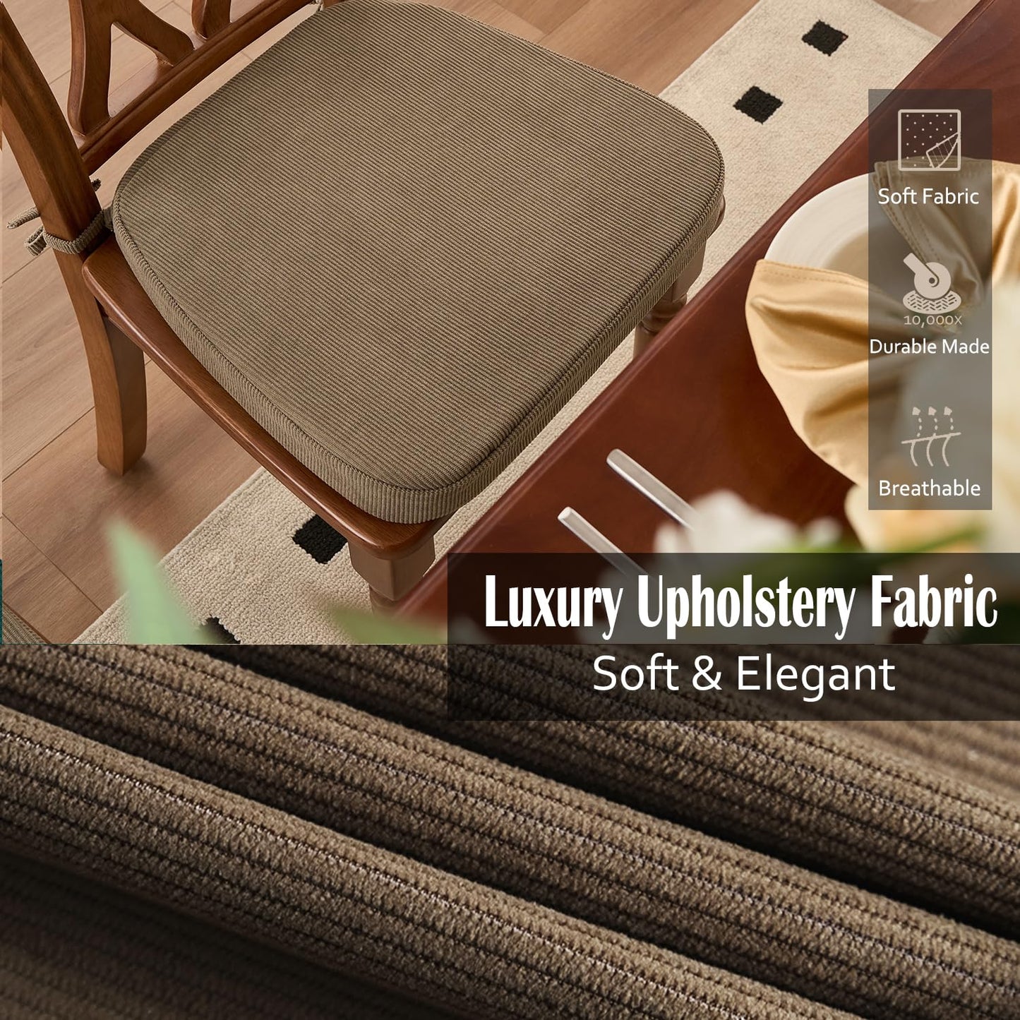 Nobildonna 2'' Thick High-Density Foam Indoor Chair Cushions | Dining Chair Pads with Ties, Removable Washable Cover, Kitchen Chair Cushions 17"x16",Light Brown 4 Pack