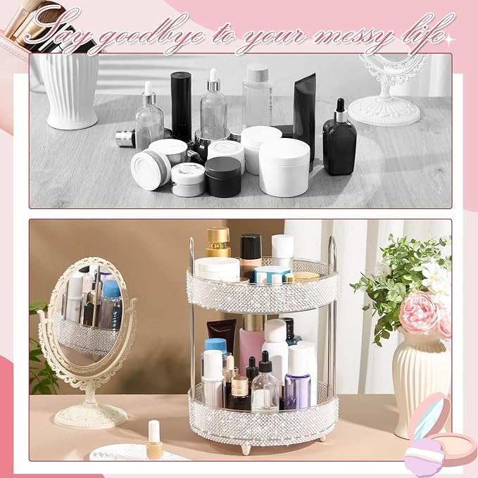 Honeydak 360 Rotating Perfume Organizer Gift for Women, Rhinestone Preppy Skincare Organizer Bathroom Counter Makeup Holder Skincare and Perfume Storage for Cosmetic(2 Tiers,Pearl,White)