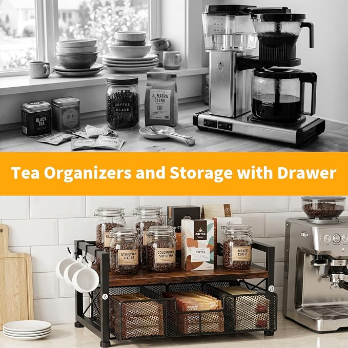 Tea Bag Organizer, Teabag Holder with Storage Drawer, Wood Tea Organizers and Storage Chest, Tea Station Chest Display Container Box for Countertop Kitchen (Rustic Brown)