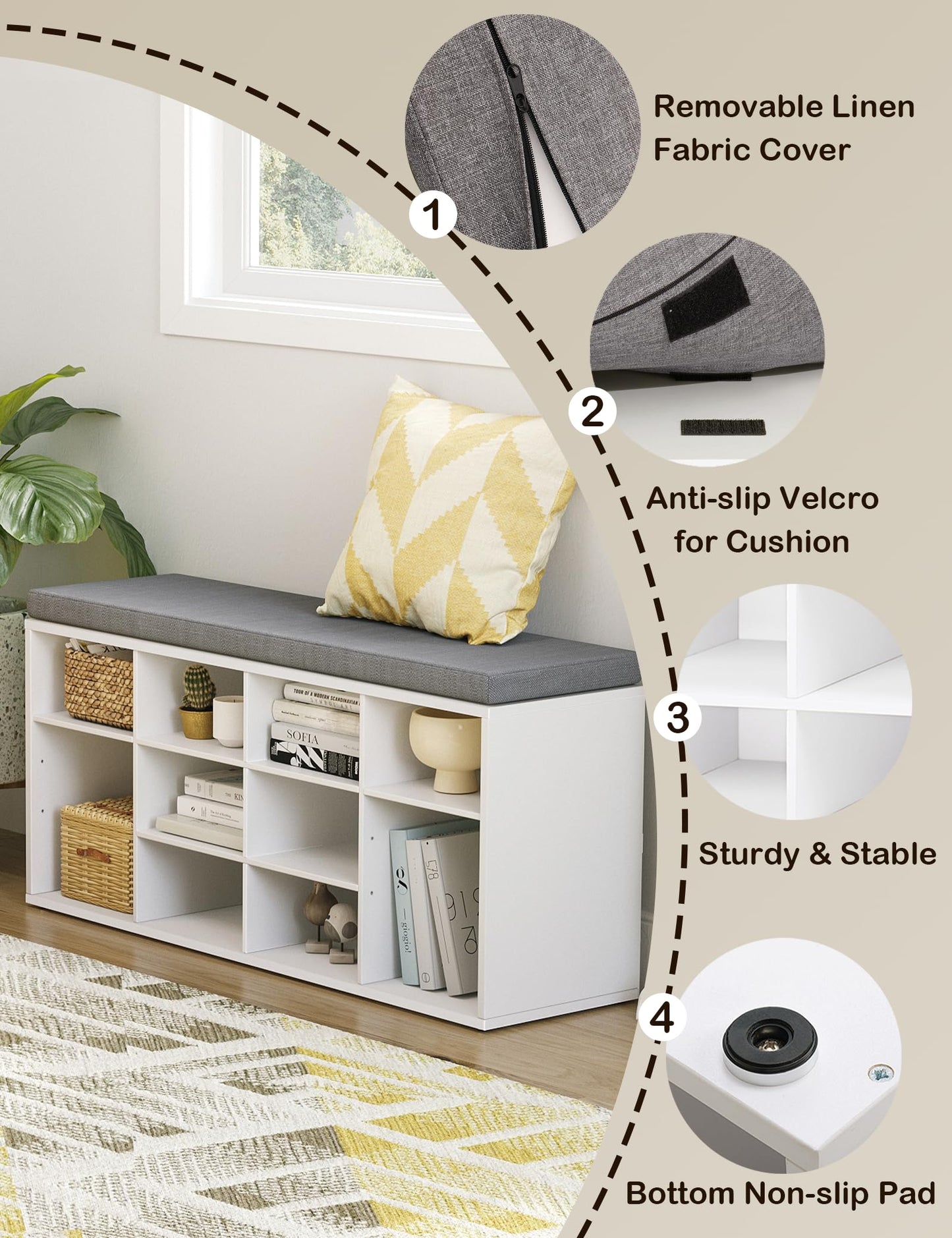 DINZI LVJ Shoe Storage Bench with Cushion, Cubby Shoe Rack with 12 Cubbies, Adjustable Shelves, Multifunctional Shoe Organizer Bench for Entryway, Mudroom, Hallway, Closet and Garage, White