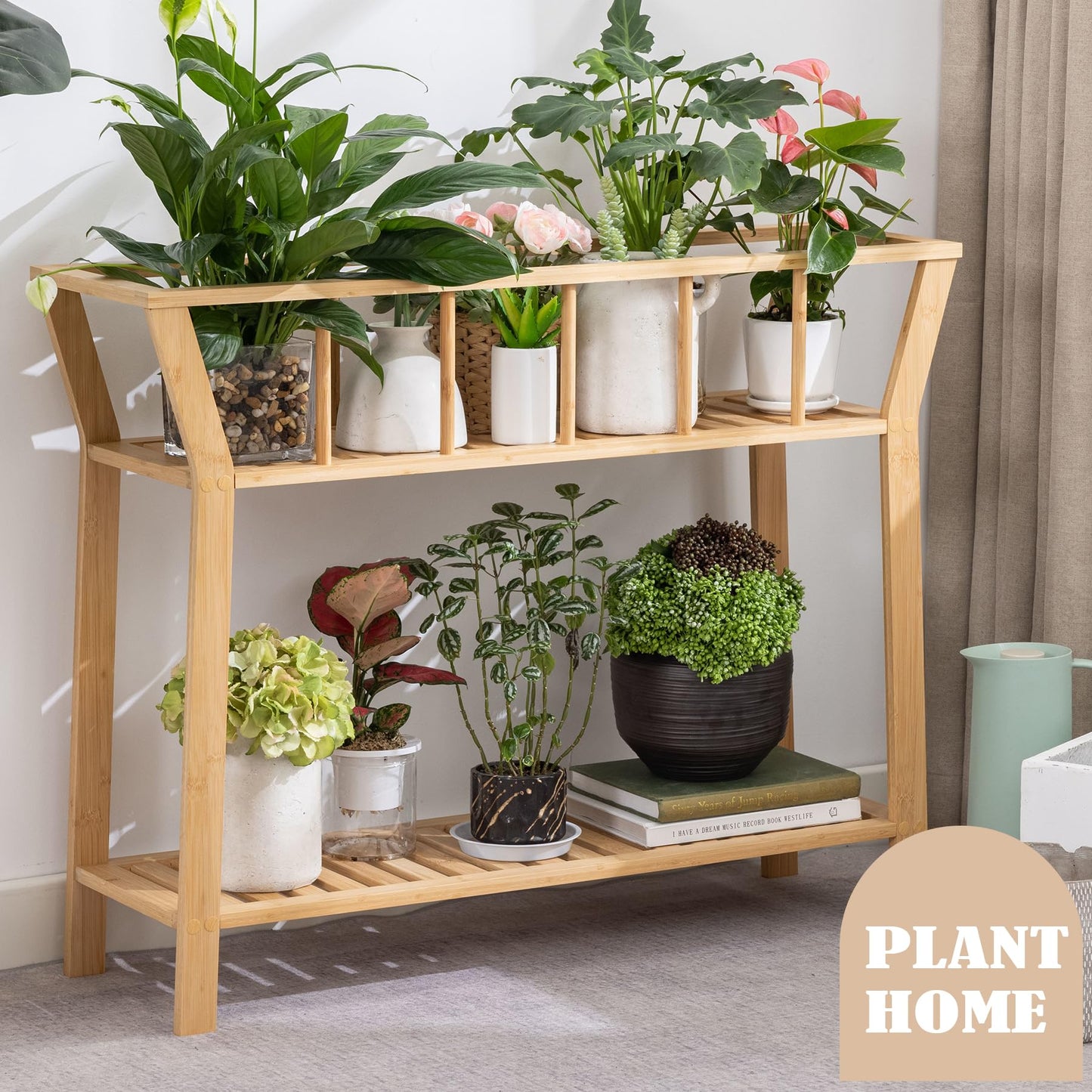 Nnewvante Bamboo Plant Stand Indoor 37.4"x11" 2 Tier Tall Plant Table Shelf Flower Pot Organizer Holder, Sofa Entryway Table for Window-sill Living Room Balcony