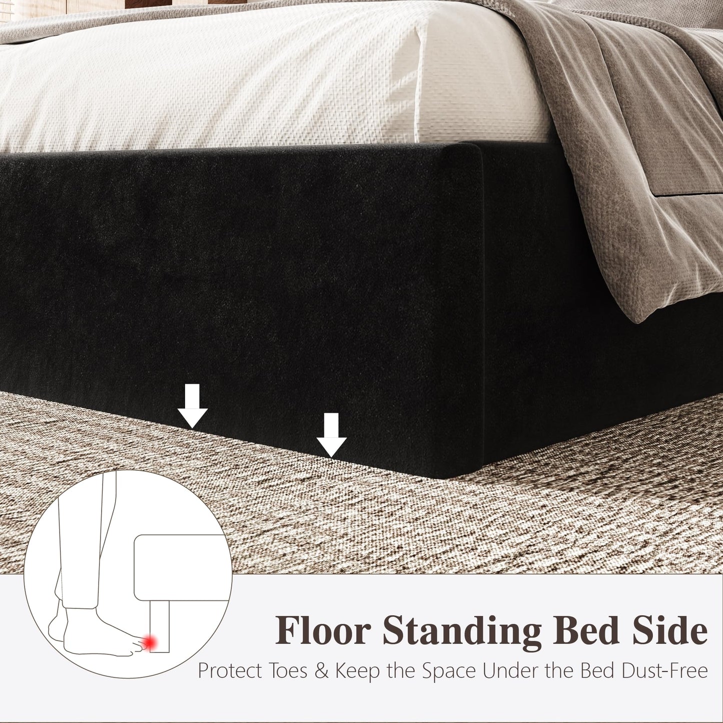 Sismplly Queen Size Cloud Bed Frame with 47" Tall Headboard, Velvet Upholstered Platform Bed with Thickened Sides & Footboard, Modern Floor-Standing Design, No Box Spring Needed, Easy Assembly, Black
