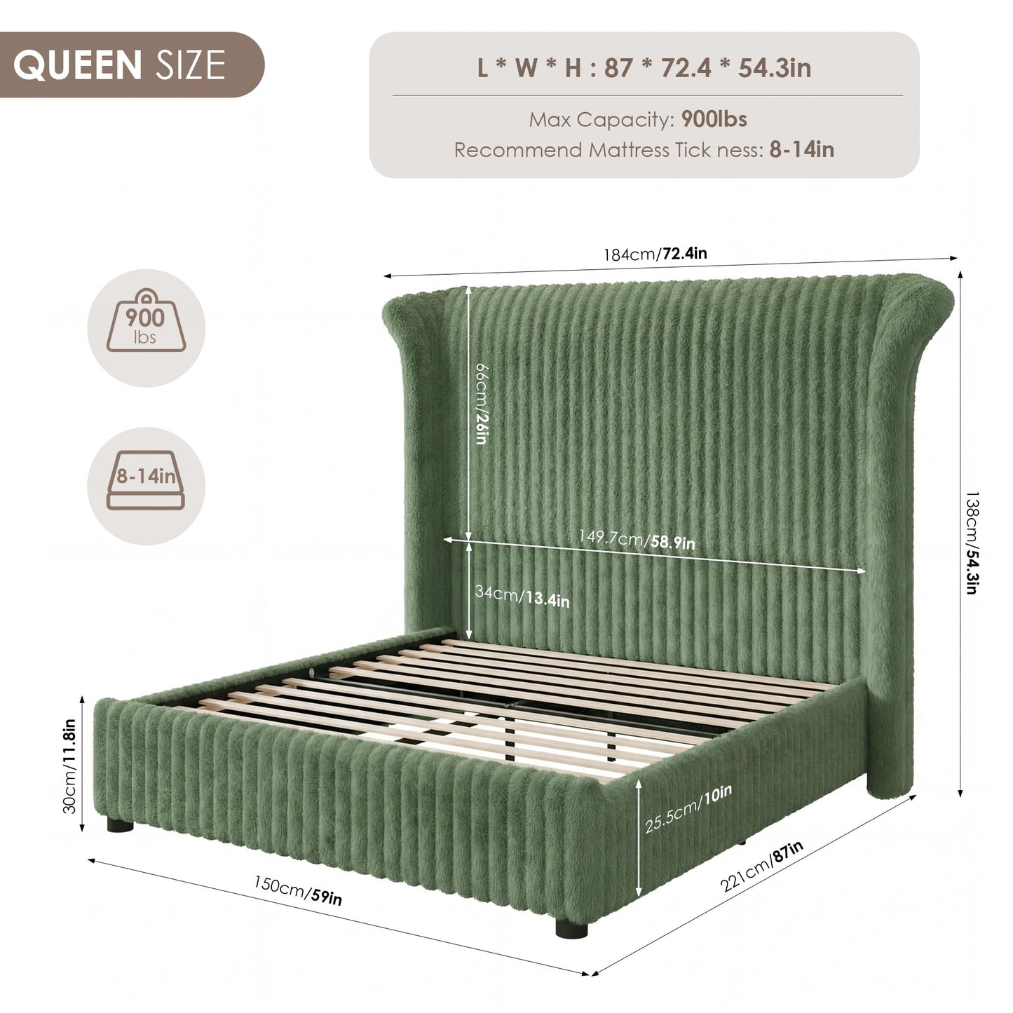 Keyluv Queen Bed Frame with 54” Tall Faux-Fur Wingback Headboard, Upholstered Platform Bed with LED Light, Mattress Foundation with Solid Wooden Slats Support, No Box Spring Needed, Noise-Free, Green