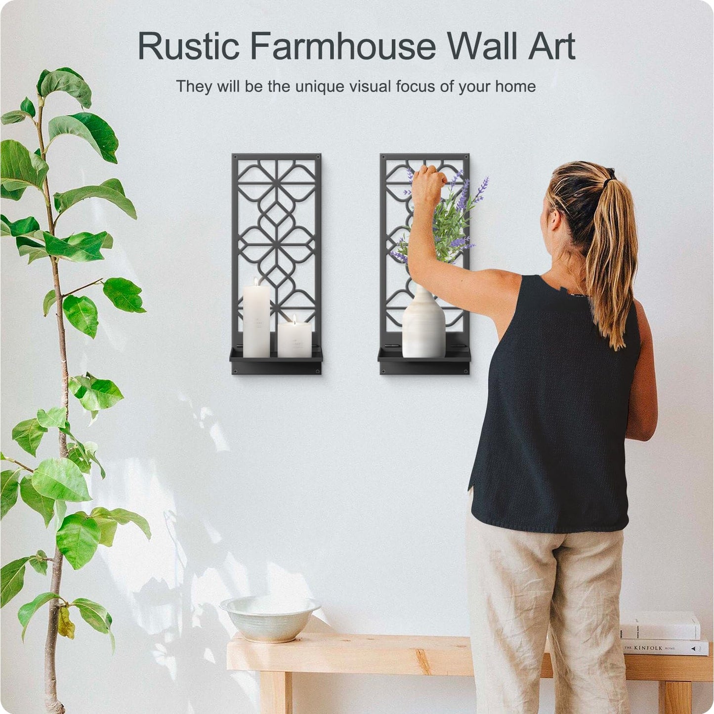 Black Metal Wall Art Decor, Minimalist Retro Line Wall Candle Holder Set of 2, for Living Room, Dining Room, Bedroom, Bathroom (16.5 x 7 in)