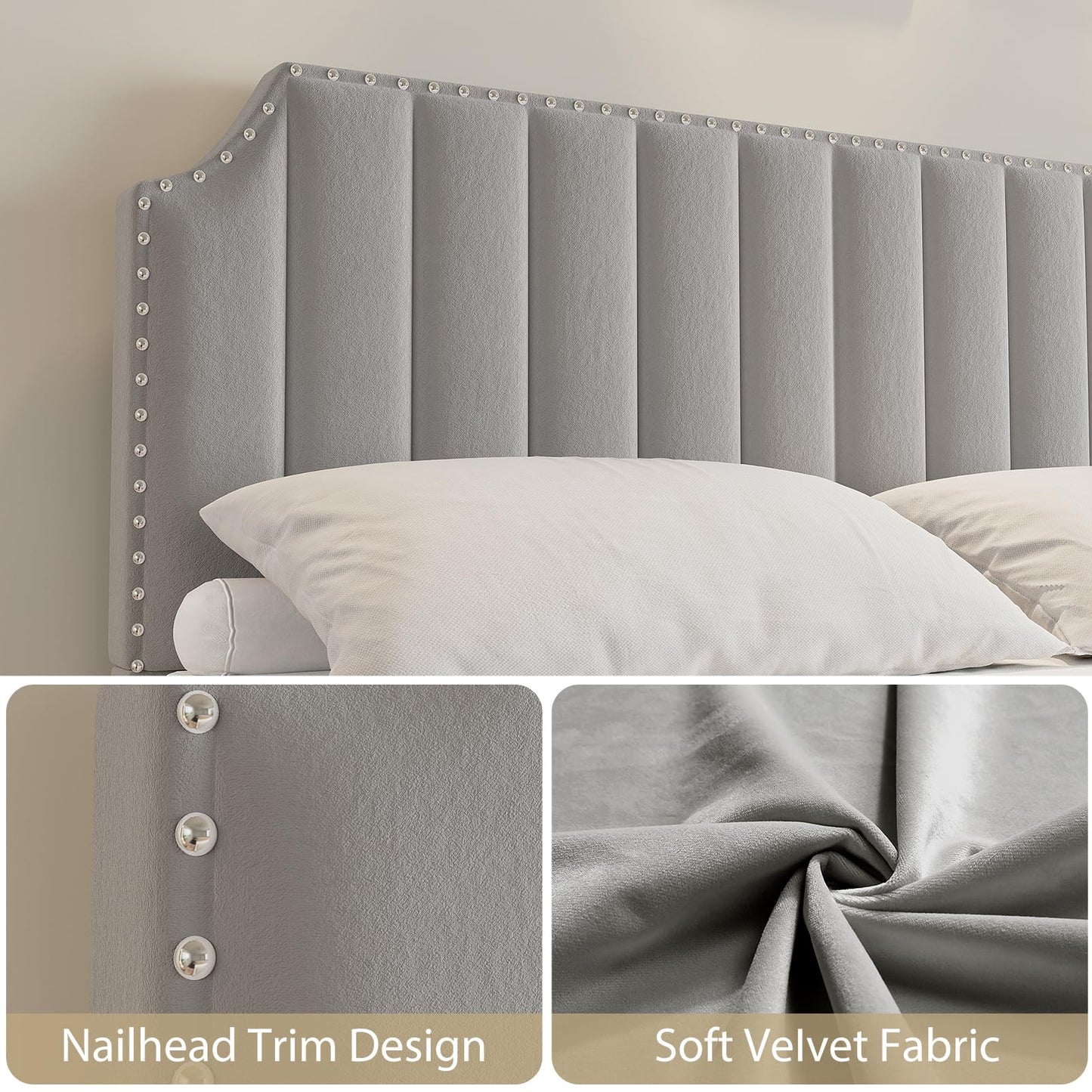 King Size Velvet Bed Frame, Vertical Channel Tufted 50.2 in Tall Headboard and Footboard with Nailhead Trim, Upholstered Platform Bed, Strong Wooden Slats, No Box Spring Needed, Easy Assembly, Grey