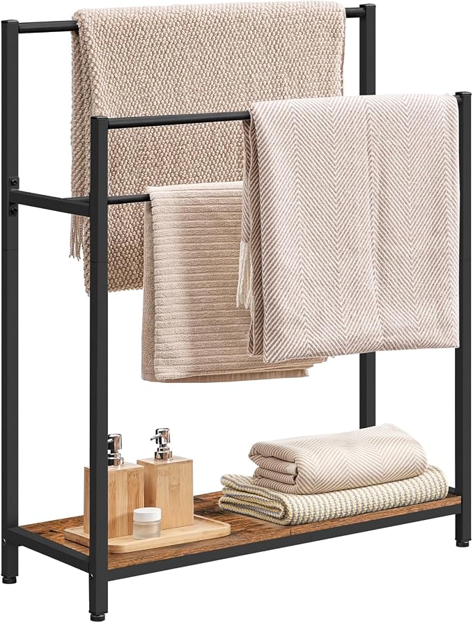 HOOBRO Extra Large Free Standing Towel Rack, 3 Tier Blanket Rack, Blanket Holder for Bathroom, 32.3" L x 11.4" W x 39.4" H, for Living Room, Bedroom, Rustic Brown and Black BF30LB01