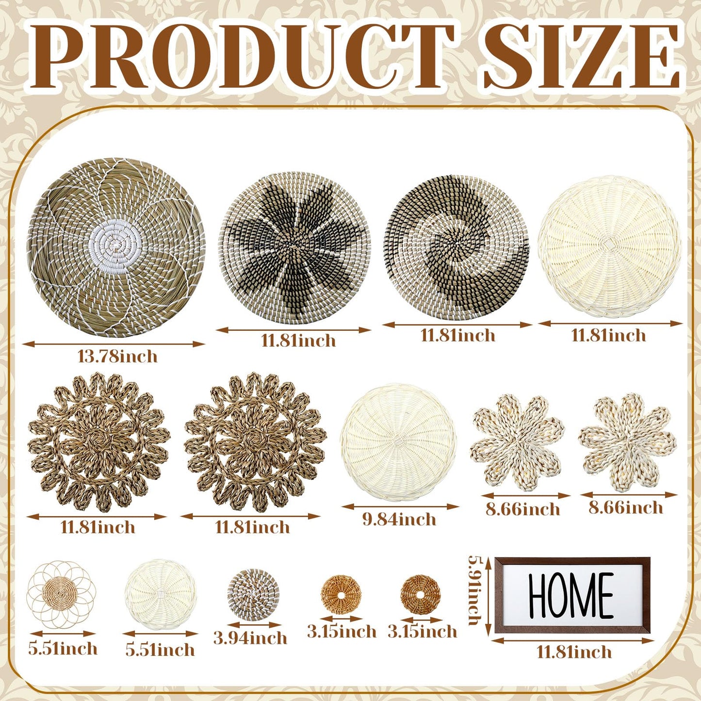 Xuhal 15 Pcs Boho Wall Basket Decor Handcrafted Seagrass Woven Wall Basket Rustic Round Woven Hanging Art for Home Farmhouse Kitchen Table Living Room(Elegant Style)