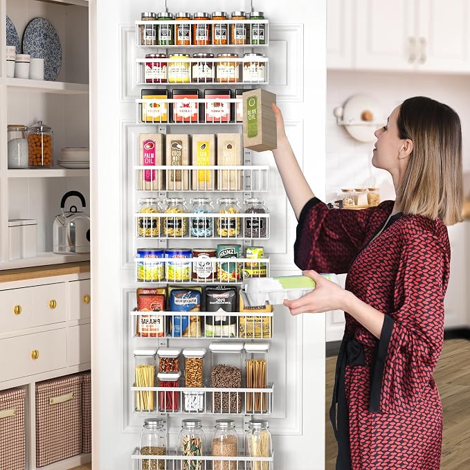 Moforoco 9-Tier White Over The Door Pantry Organizer, Pantry Organization and Storage, Black Hanging Basket Wall Spice Rack Seasoning Shelves, Home & Kitchen Bedroom Bathroom House Essentials