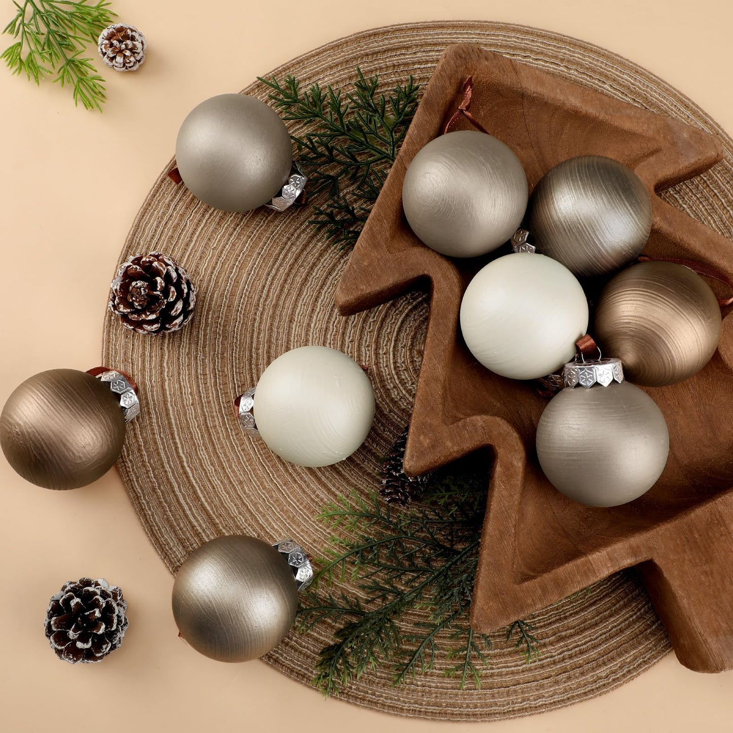 Suilung 12 Pcs Modern Neutral Christmas Ball Ornaments Set 2.4 Inch Rustic White Brown Xmas Baubles Shatterproof Textured Farmhouse Modern Christmas Decor for Xmas Tree Holiday Indoor Home Decor