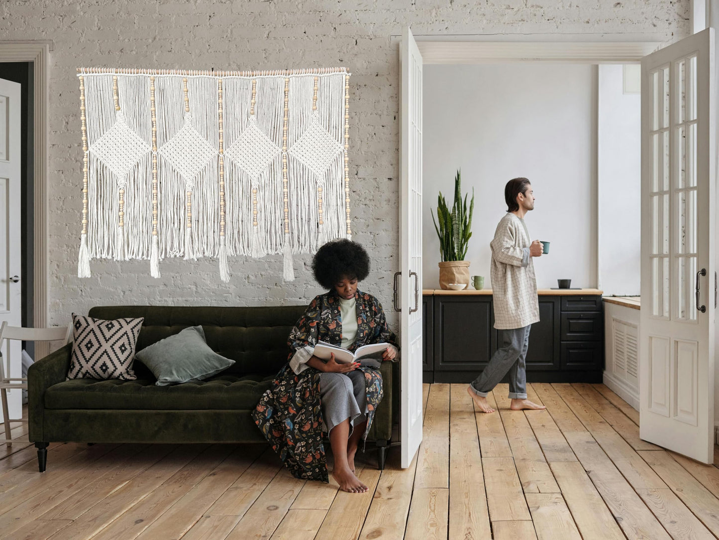 kiido Large Macrame Wall Hanging 47"×33" Boho Tapestry Woven Wall Decor- Cotton Tassel Macrame Curtain Beige Chic Bohemian Wall Art for Home Living Room Bedroom Dorm Wedding (Includes Hanging Rod)