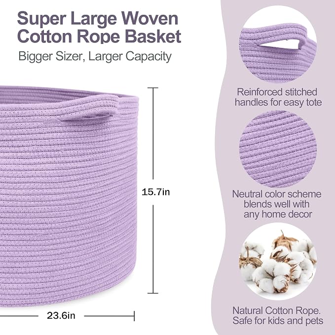MEGASKET 115L Extra Large Purple Storage Basket, 23.6" X 15.7" Jumbo Woven Cotton Rope Bin for Throw Blankets Pillows, Baby Laundry Basket, Dirty Clothes Organizer, Big Storage Box for Toys, Towels