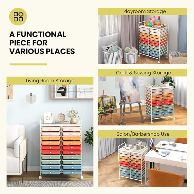 Giantex 20 Drawers Rolling Cart, Mobile Storage Drawer Cart, Classroom Organizer Cart for Office School Supplies Teacher Tools Scrapbook Paper Craft Small Printer, Utility Cart on Wheels, Macaron