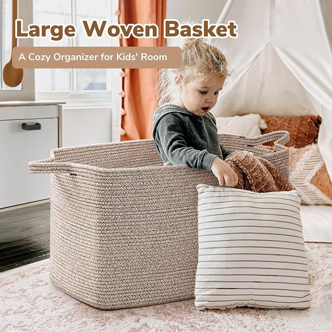 Goodpick Blanket Basket, Woven Baskets for Storage, Extra Large Storage Basket for Clothes, Toys, Dirty Clothes Basket for Laundry, Living Room, 23.6" x 15.7" x 13.8", Brown, 85L