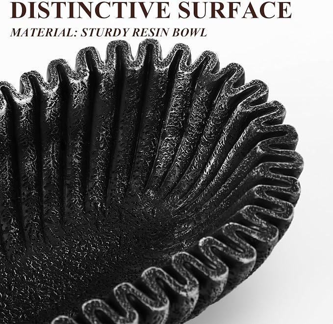 Large Decorative Bowl for Home Decor Long Dough Bowls Coffee Table Decor Centerpiece Black Ruffle Scalloped Resin Modern Handicraft Bowl for Kitchen Counter Farmhouse Entryway Stylish Key Storage