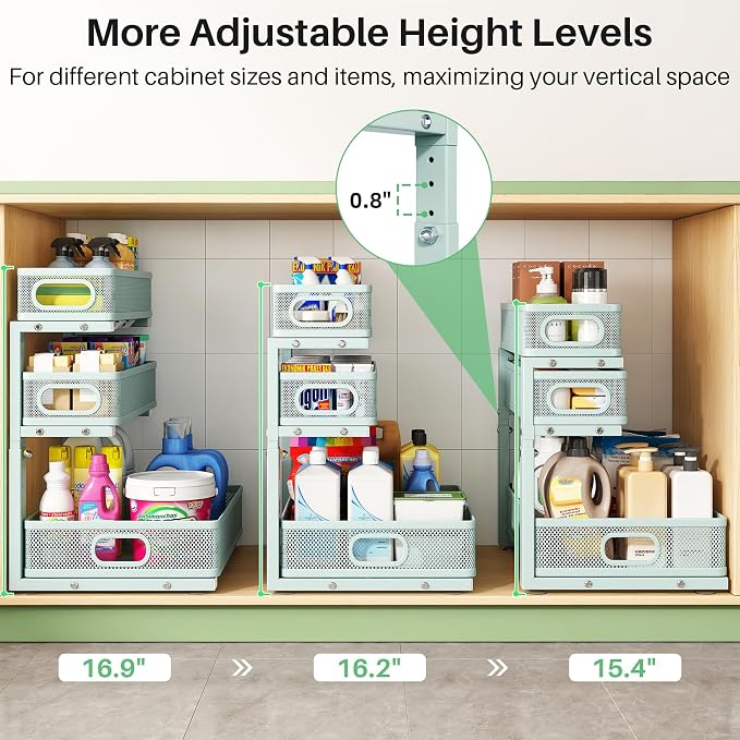 Under Sink Organizer, 2-Pack 3-Tier Height Adjustable Thickened Metal Pull out Cabinet Organizer Shelf, Slide out Storage Drawer Rack for Bathroom Kitchen Pantry Home Organization, LightBlue