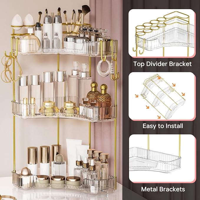 3-Tier Corner Bathroom Counter Organizer，Makeup & Skincare Shelf with Built-in Brush Holder，Space-Saving Bathroom Countertop Organizer for Skincare, Perfume, Cosmetics(Clear)