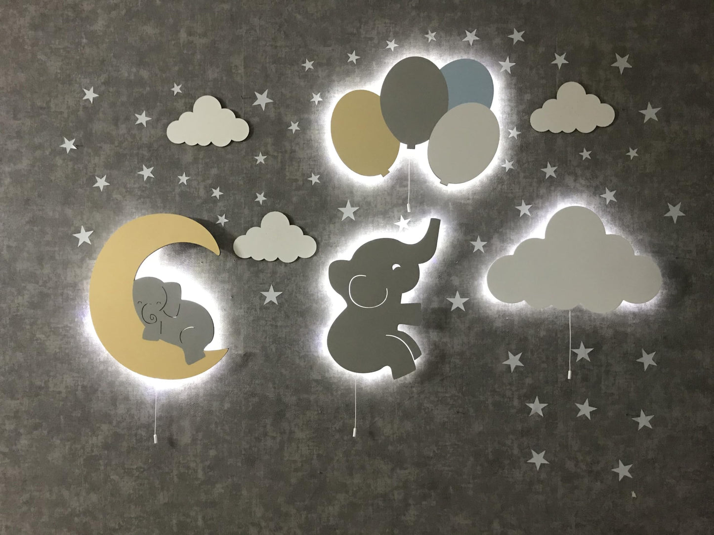 Furpinea Nursery Lamp Set of 4 Moon, Cloud, Elephant, and Balloon, Baby Room Sign Wall Night Light Cloud Shape Gift Baby Montessori Bedroom Lamp Decor (Boys, Blue)