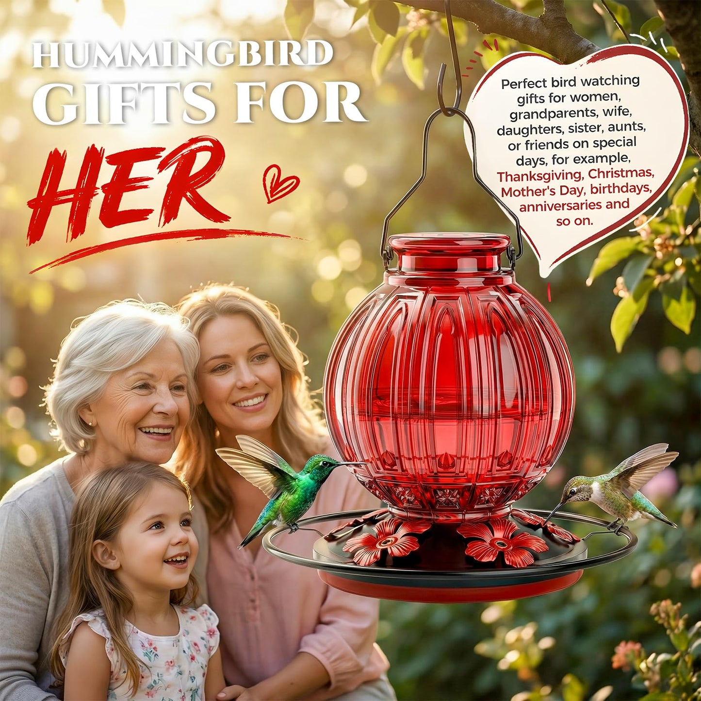 Glass Hummingbird Feeder for Outdoors Hanging, 26Oz Bird Nectar Feeder with Perch & 5 Flower Feeding Ports, Leak Proof for Outside Garden Decor Backyard, Gifts for Women Mom, Red