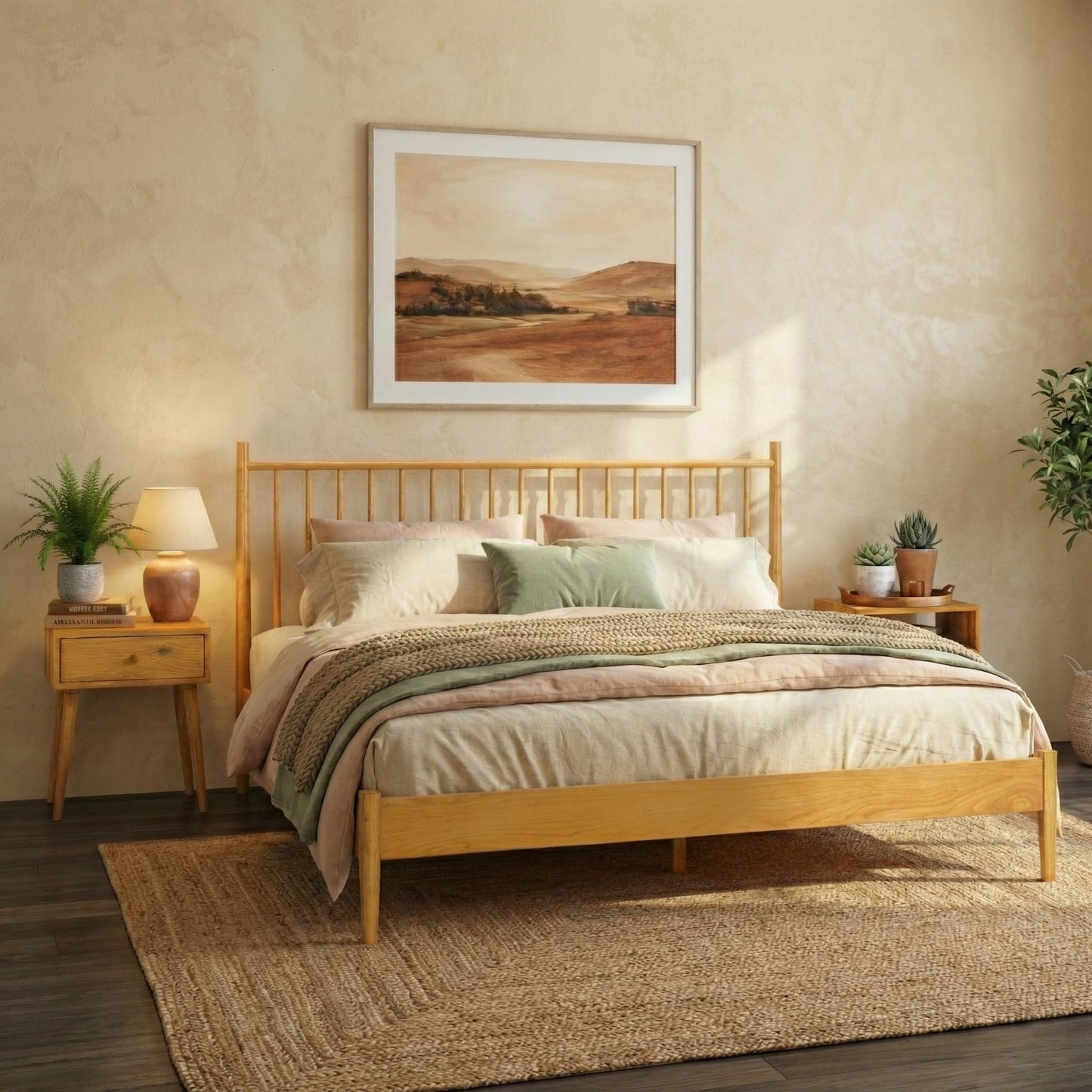 NTC Inno Wooden Bed Frame with Headboard, Solid Oak and Rubber Wood Foundation with Silent Slats and Wood Central Supports, 1000 Lb Capacity, Effortless Assembly, Queen Rustic - Oak