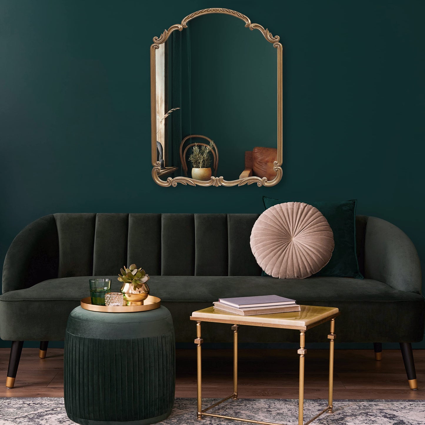Wylde Iris English Estate Carved Arch Wood Wall Mirror, Mirror for Entryway, Living Room, Bathroom, Antique Gold, 22x30