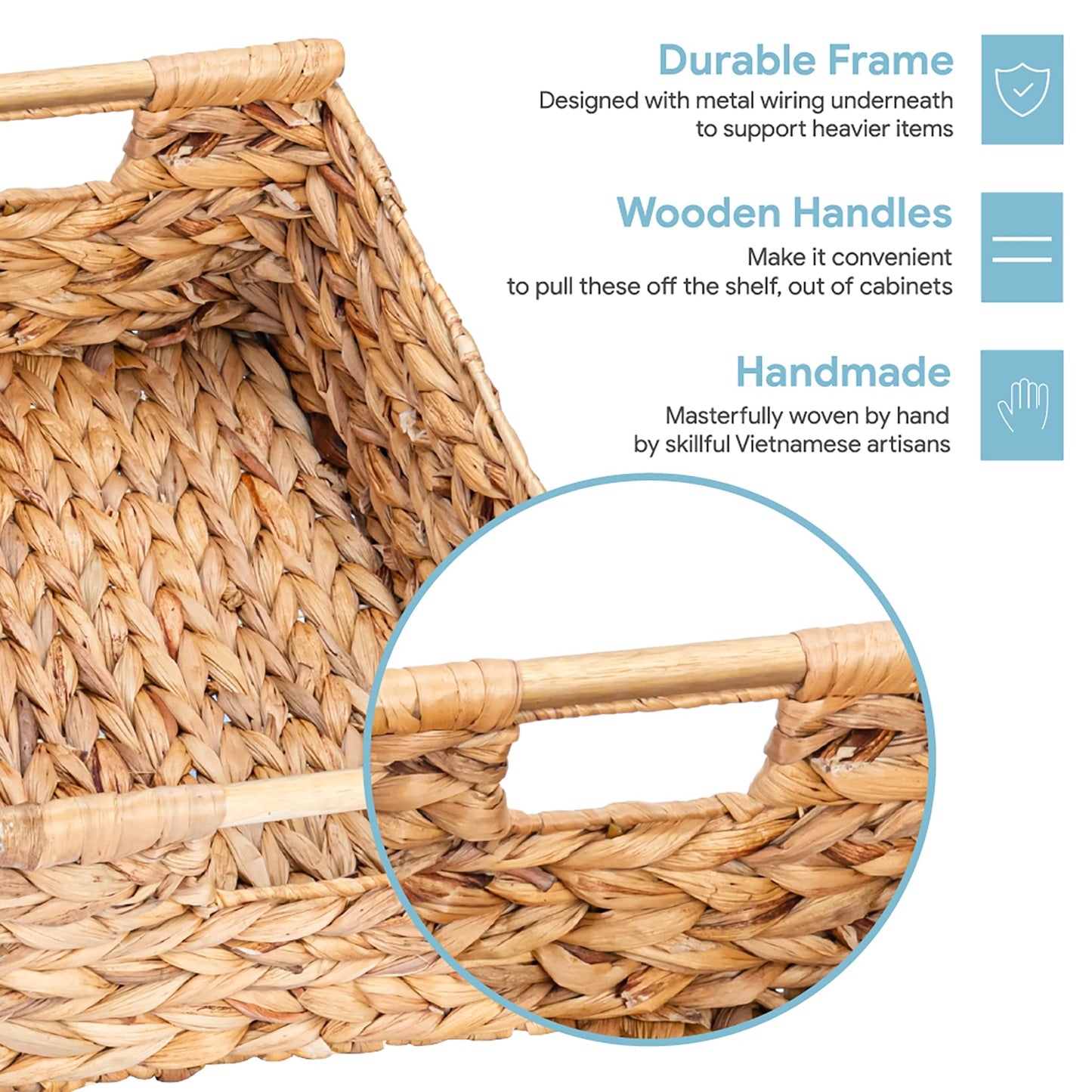 VATIMA Hyacinth Large Wicker Basket 15.5x10.8x6.2" - Rectangular, Wooden Handles, Shelf Organizer