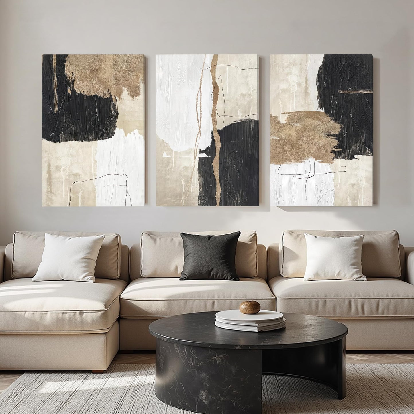 AVECCO 3 Pieces Large Gold and Black Abstract Wall Art, Modern Geometric Line Canvas Wall Decor, Minimalist Black Gold Shapes Art Prints for Bedroom Living Room Office Home Decoration 24x36 Inch