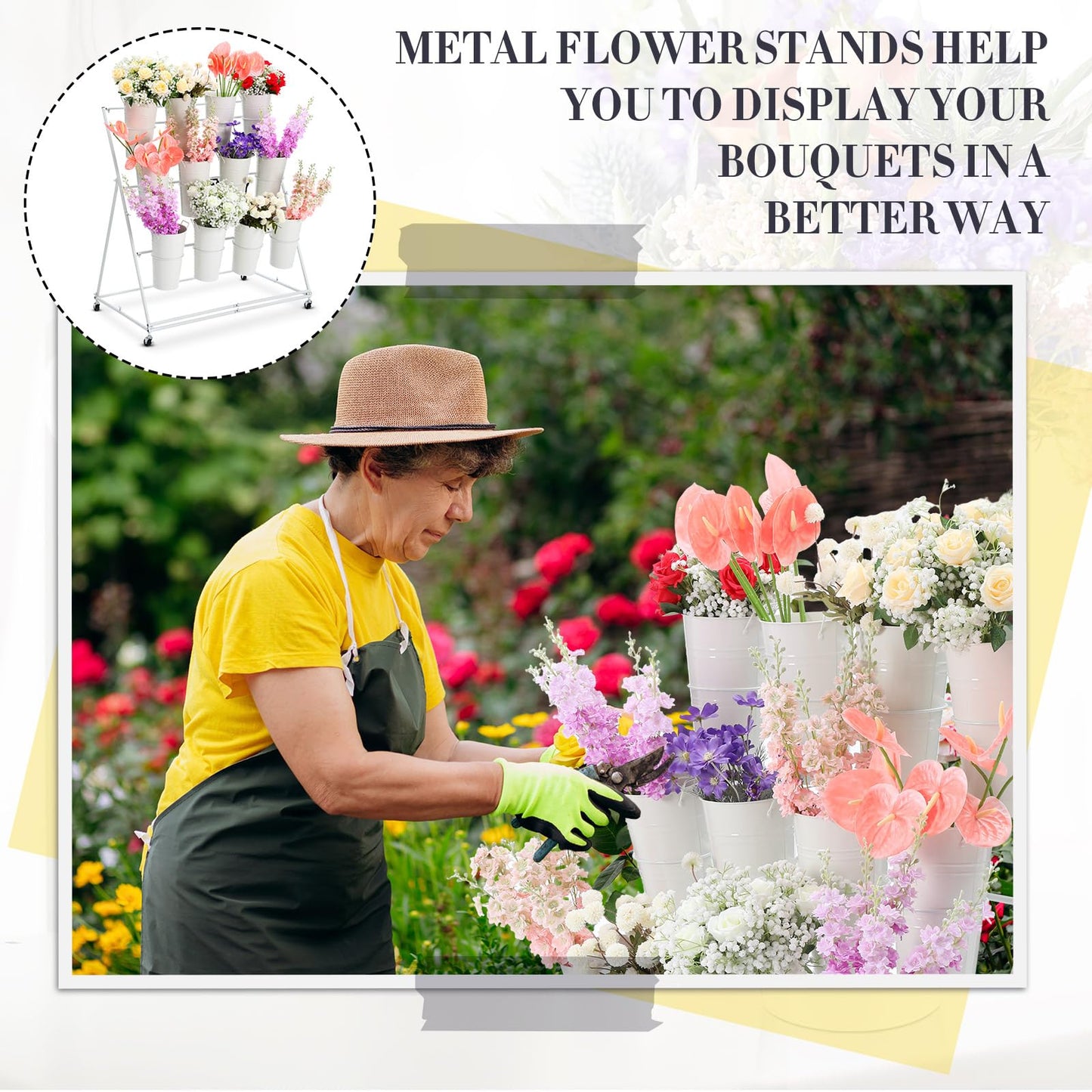 Ninehaoou Flower Plant Display Stand with Buckets 43 Inch Tall 3 Layers Metal Stand Cart Holder Moving Florist Bouquet Shelf for Fresh Flower Bar Shop Decor Patio Garden Outdoor Pop-up Events(White)