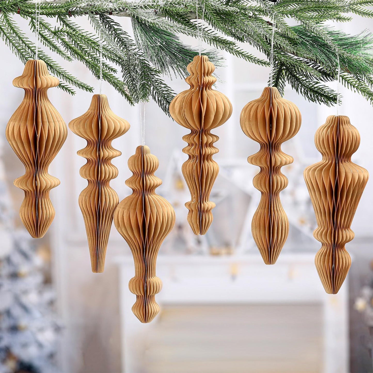 Watersay 6 Pcs 10" Large Hanging Honeycomb Finial Ornaments 3D Paper Christmas Tree Ornaments Decorative Lantern Honeycomb Decorations for Holiday Winter Xmas Party Wonderland(Brown)