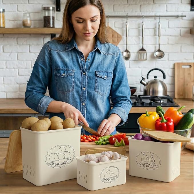 Lifewit Onion and Potato Storage Bin with Aerating Holes and Lid, Stackable Garlic Keeper, Plastic Vegetable Container Box for Kitchen, Beige, Set of 3