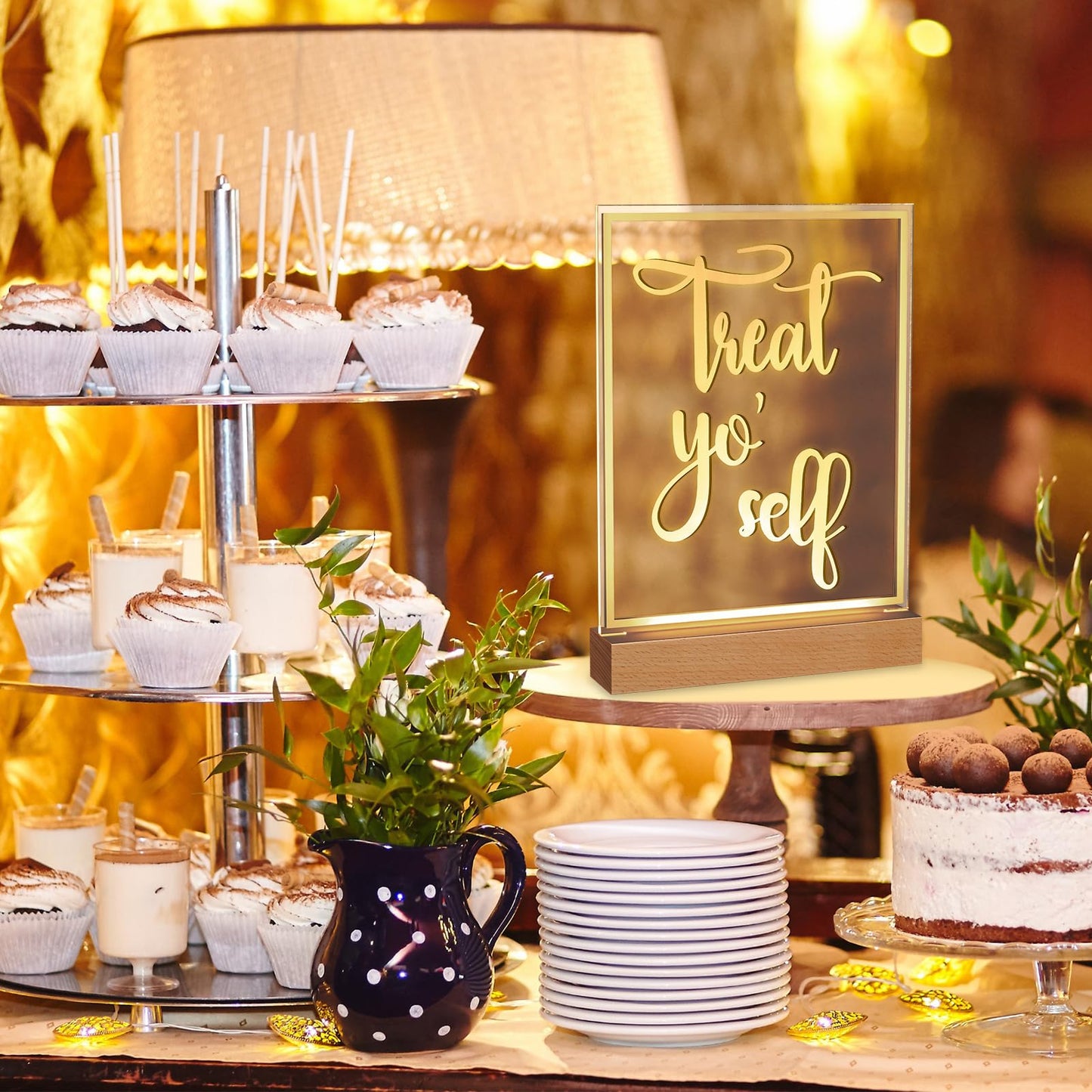 Hoolerry LED Acrylic Bar Table Sign 8" x 10" Neon Acrylic Table Centerpiece, Snack Candy Bar Centerpiece with Stand White Text for Dessert Flower Room Decor (Treat Yoself)
