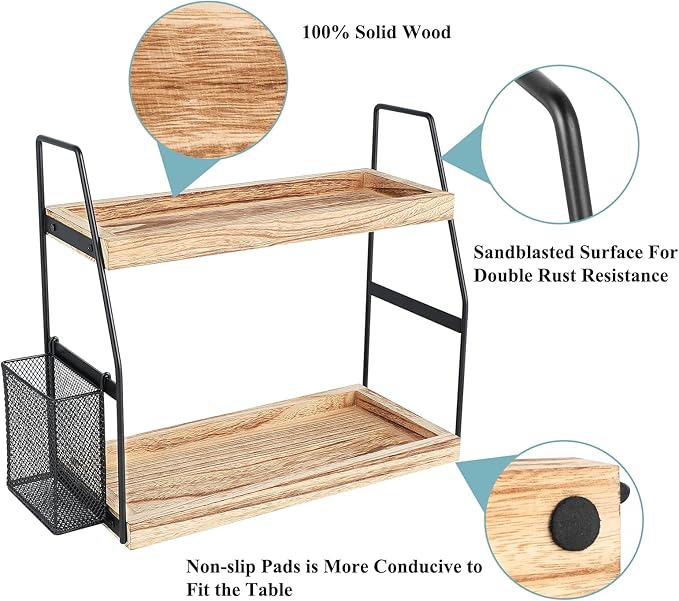 Bathroom Counter Organizer, 2-Tier Standing Storage Shelf with Basket, Wood Tray for Skincare Vanity Organizer