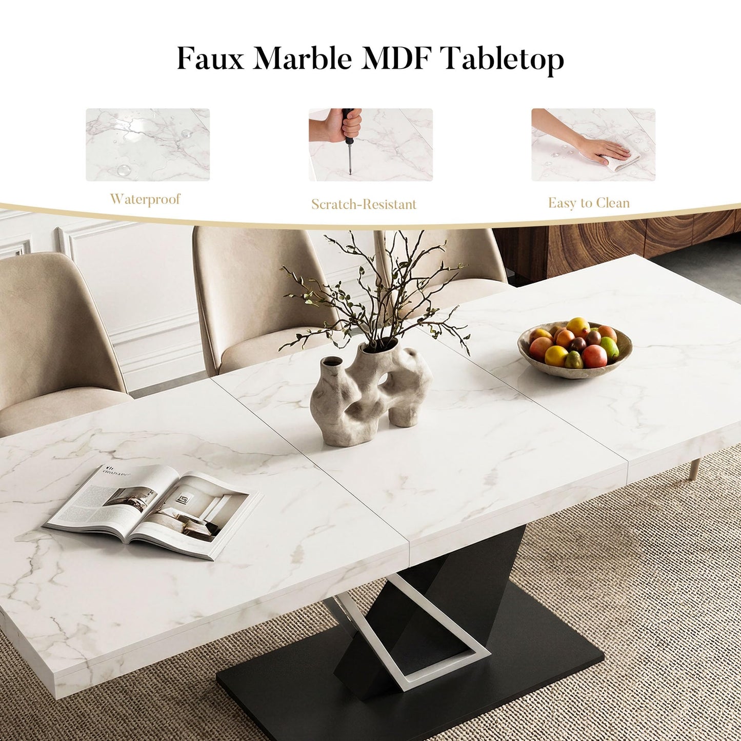COSIEST 59'' to 78.7'' Extendable Dining Table for 4-8, Faux Marble Expandable Kitchen Table with Sturdy Metal Base, Rectangle Dinner Table for Small Space, Dining Room, Living Room, White