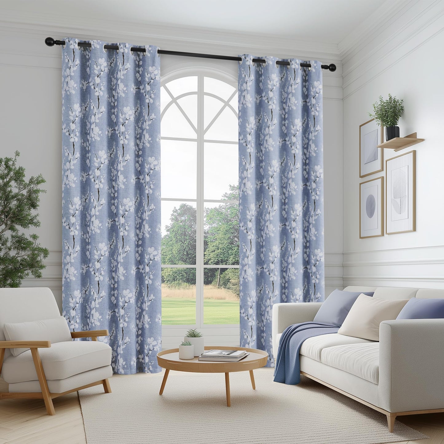 FMFUNCTEX 100% Blackout Floral Curtains for Bedroom, Blue Curtains 84 inches Long Blossom Flower Patterned for Living Room,Thermal Insulated Farmhouse Drapes, Grommet Top 2 Panels (White on Blue)