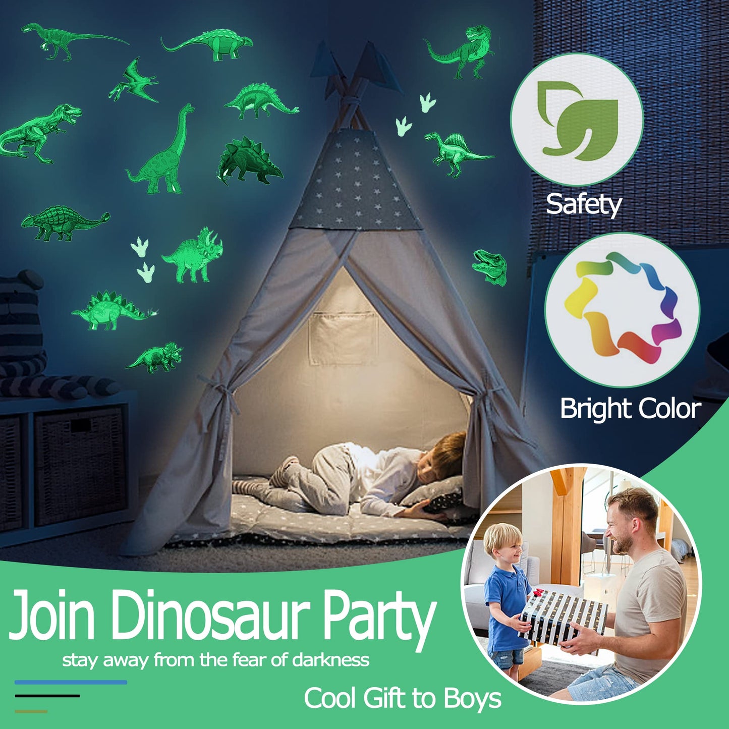 Glow in the Dark Dinosaur Wall Decals Stickers, Glowing Dinosaur Wall Stickers Self-Adhesive for Ceiling, Removable Wall Stickers for Boys Bedroom Kids Girls Baby Nursery Gift