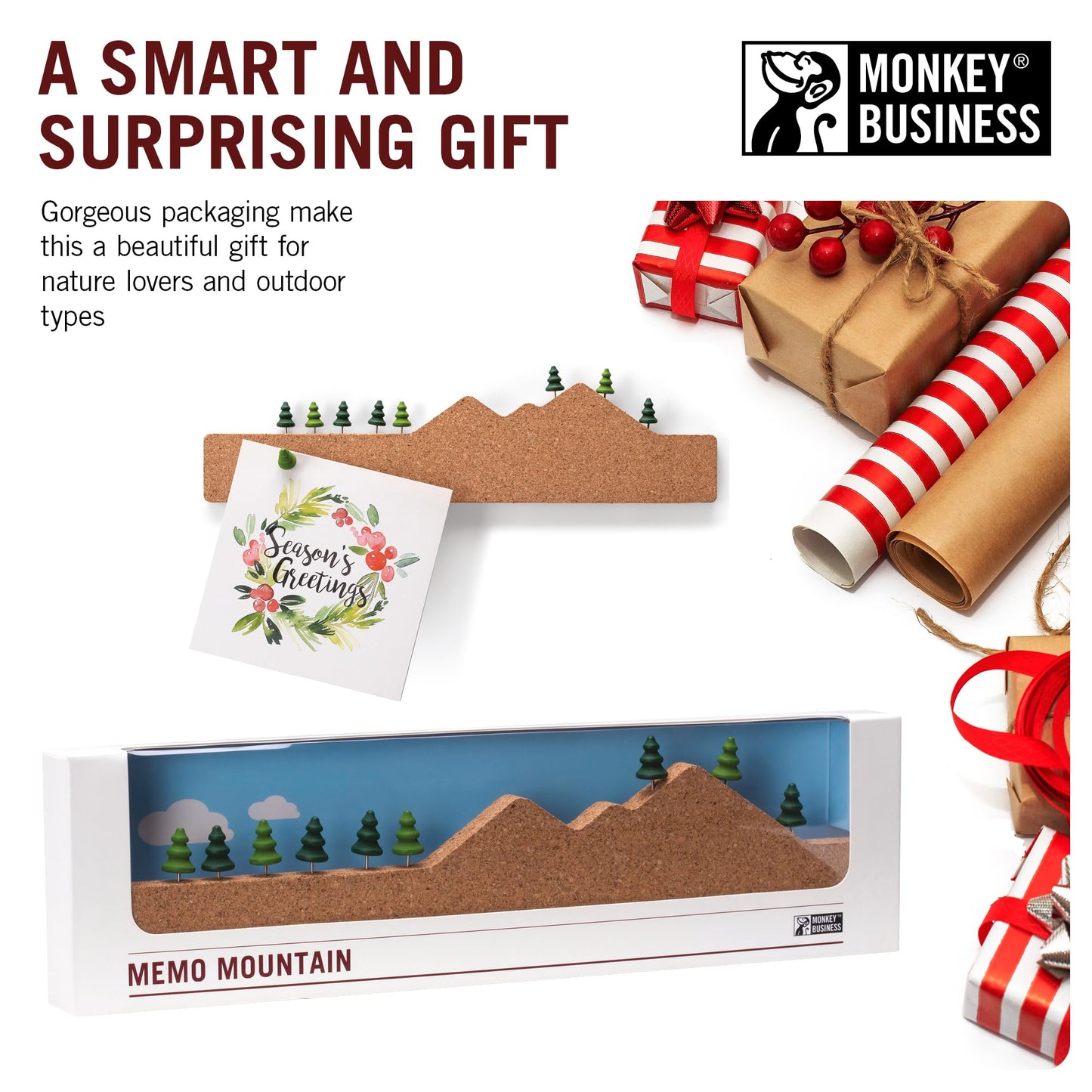 Monkey Business Memo Mountain Cork Board Strip - Corkboard Pin Board with Mountain Scene Pushpins, Office Accessories, Cute Cork Boards for Walls
