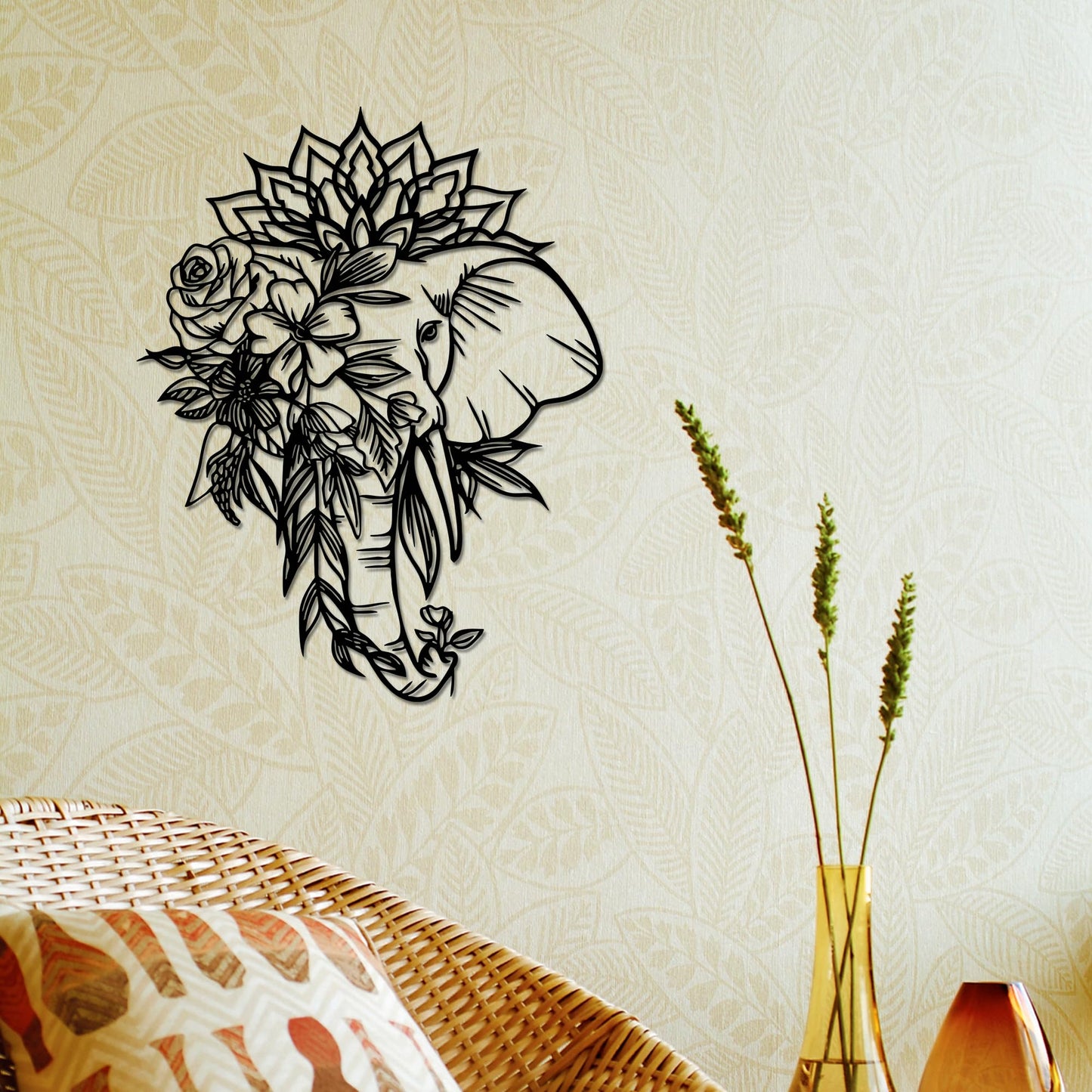 Rajukit Elephant with Lotus Metal Wall Art–Intricate Elephant Wall Decor–Indian-Inspired Hindu Decor for Living Room or Gifts
