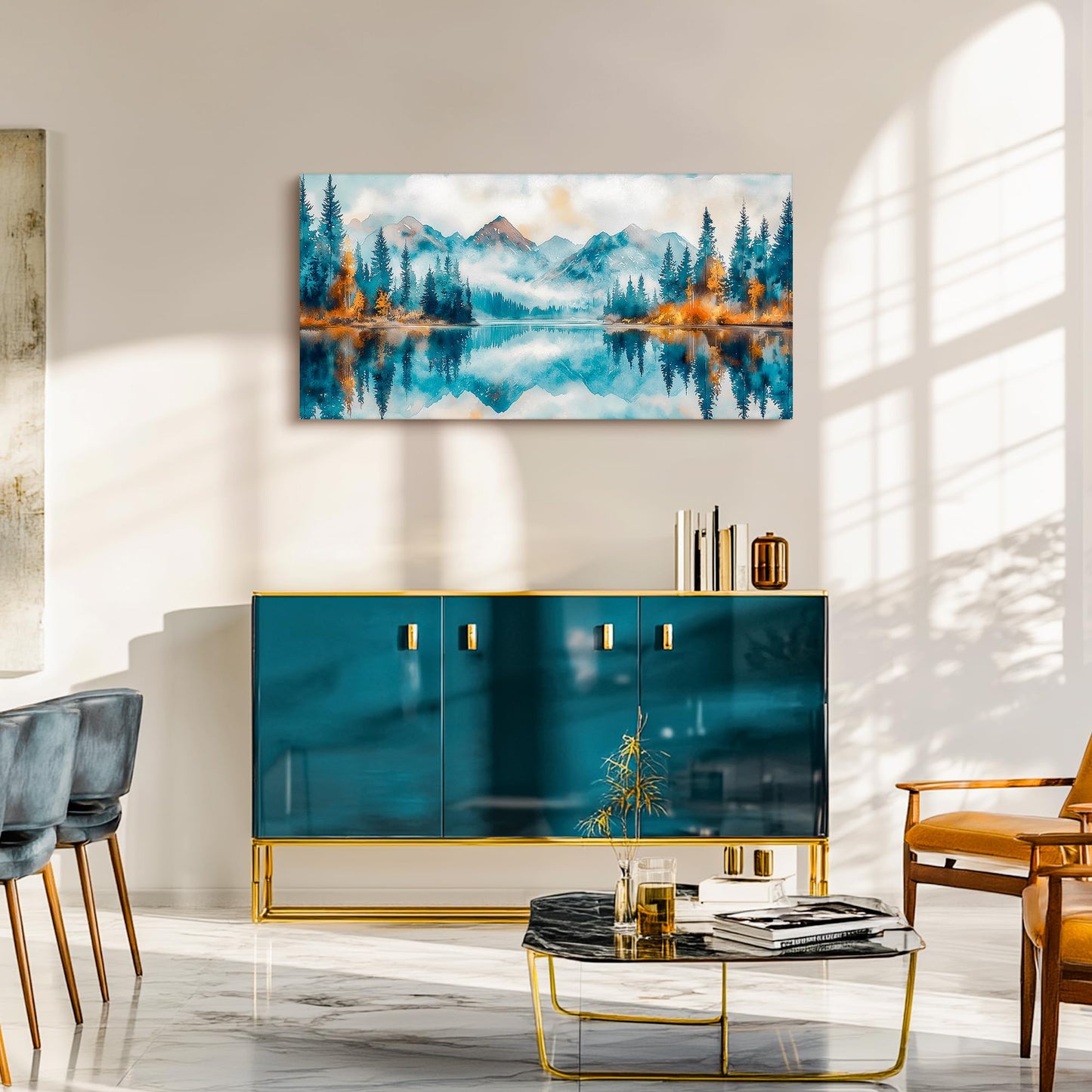 SLYCAY Large Mountain Wall Art Forest Landscape Prints, Blue Nature Scenery Lake Pictures Wall Decor Misty Forest Golden Painting Modern Artwork Living Room Bedroom Office 20"X40"