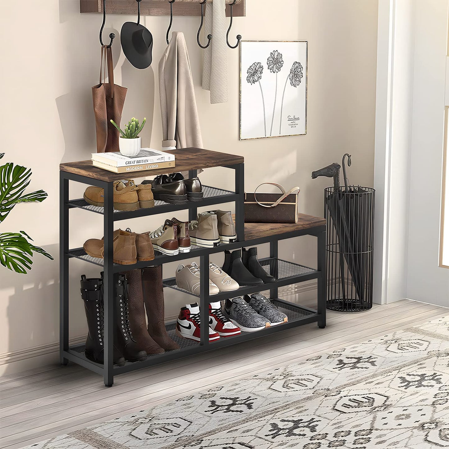 Katrawu Shoe Rack Bench Shoe Storage Organizer with Seat, 5-Tier Industrial Free Standing Shoe Rack for Entryway, Narrow Shoe Rack Organizer Shelves for High Heels, Entryways, Hallways, Closets,Brown