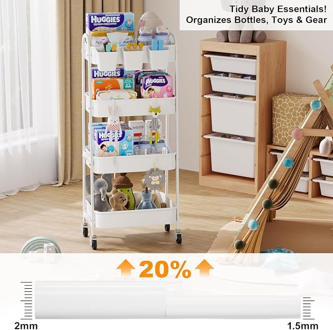 White 4 Tier Rolling Cart Metal with Wheels, Heavy Duty Utility Storage Organizer Carts on Wheels, Four Tiered Roller Cart for Kitchen, Book, Snack, Craft, Art, Dorm, Large Capacity Basket, 38in Tall