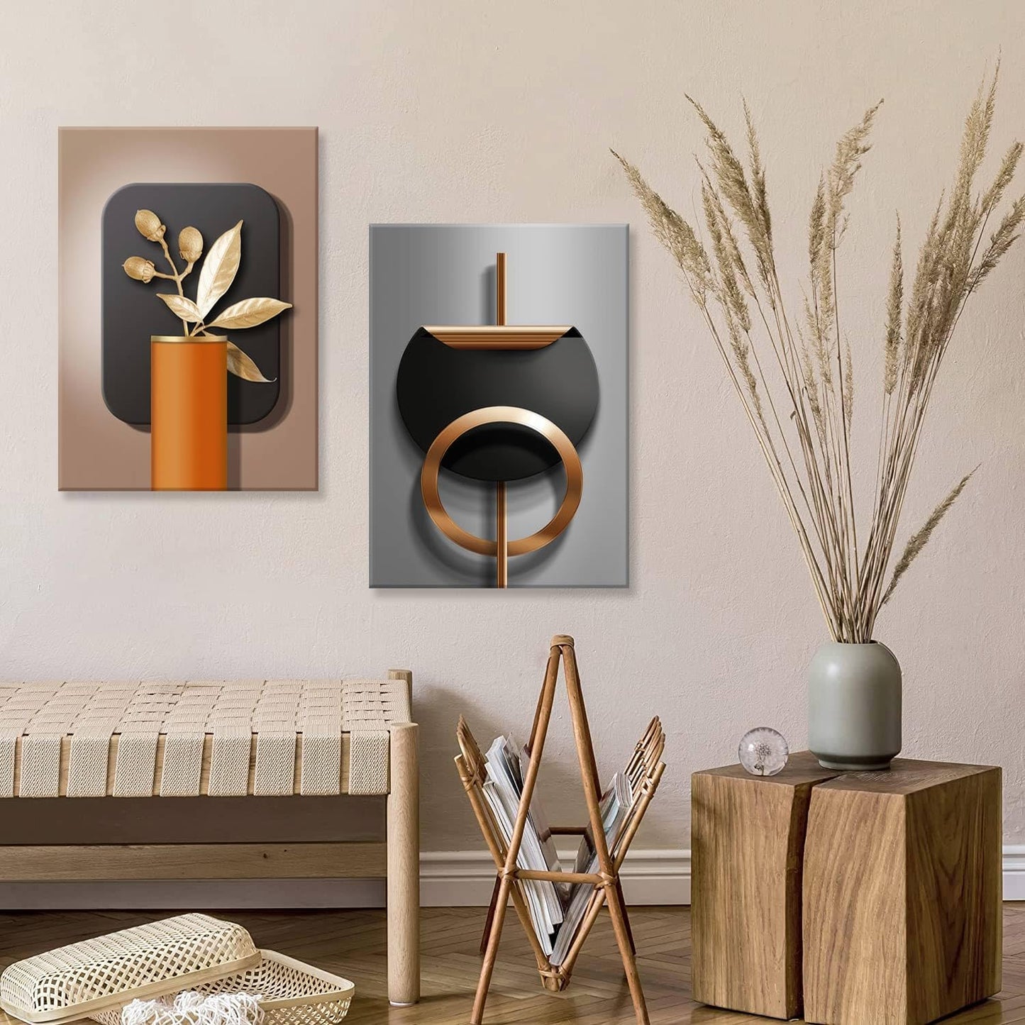 2pcs 3d Effect Pattern Black Copper Geometric Canvas Abstract Wall Art Nordic Luxury Living Room Pictures Prints Modern Artwork Black Gold Gray Wall Decoration Inspiring Home Decor 16x24 Inches Ready To Hang