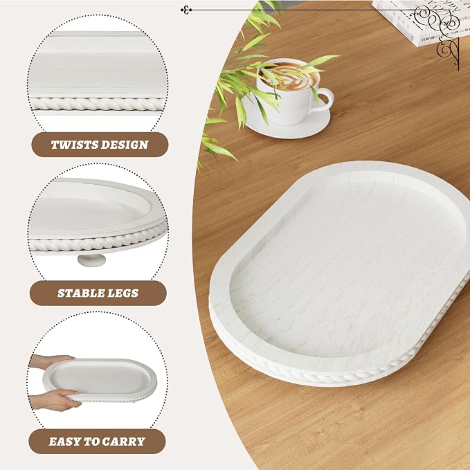 Urban Deco Oval Wooden Tiered Tray, Farmhouse Vintage Decorative Tray Stand for Coffee Table, White Serving Tray for Living Room Kitchen Home Decor - 1 Pack